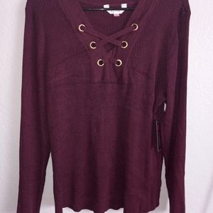 New burgundy  lace up sweater